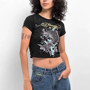 Ed Hardy Koi Splash Black Crop T-Shirt tattoo fish y2k size large new NWT